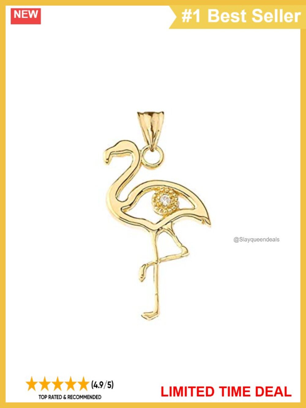 14k Yellow Gold Diamond Flamingo Outline Charm Pendant Fine Jewelry